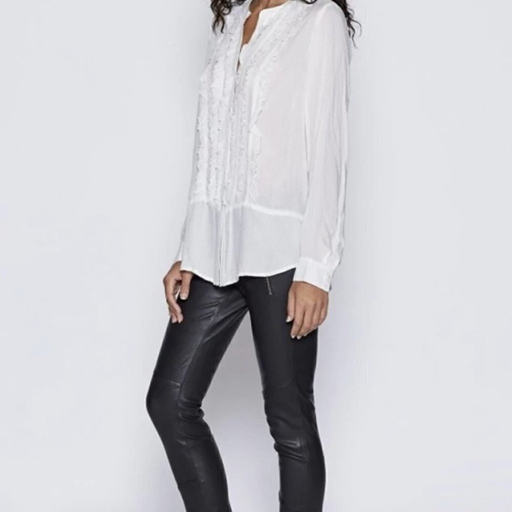 💎225 Joie JERONIOMA WHITE RUFFLED TUXEDO BLOUSE